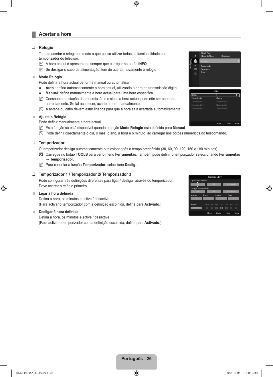 Acertar a hora, Português - 26, Relógio | Temporizador, Temporizador 1 / temporizador 2/ temporizador 3 | Samsung UE40B6000VP User Manual | Page 356 / 494