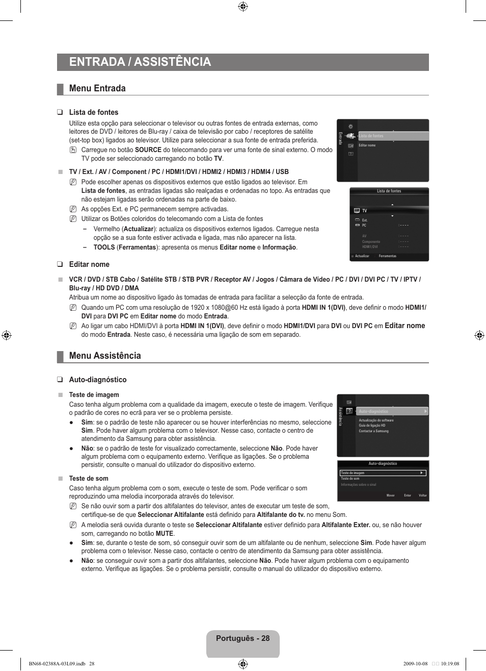 Entrada / assistência, Menu entrada, Menu assistência | Português - 2, Lista de fontes, Editar nome, Auto-diagnóstico | Samsung UE40B6000VP User Manual | Page 358 / 494