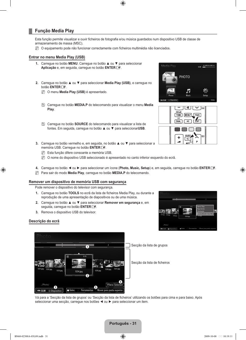 Função media play, Português - 31, Entrar no menu media play (usb) | Descrição do ecrã, Photo | Samsung UE40B6000VP User Manual | Page 361 / 494