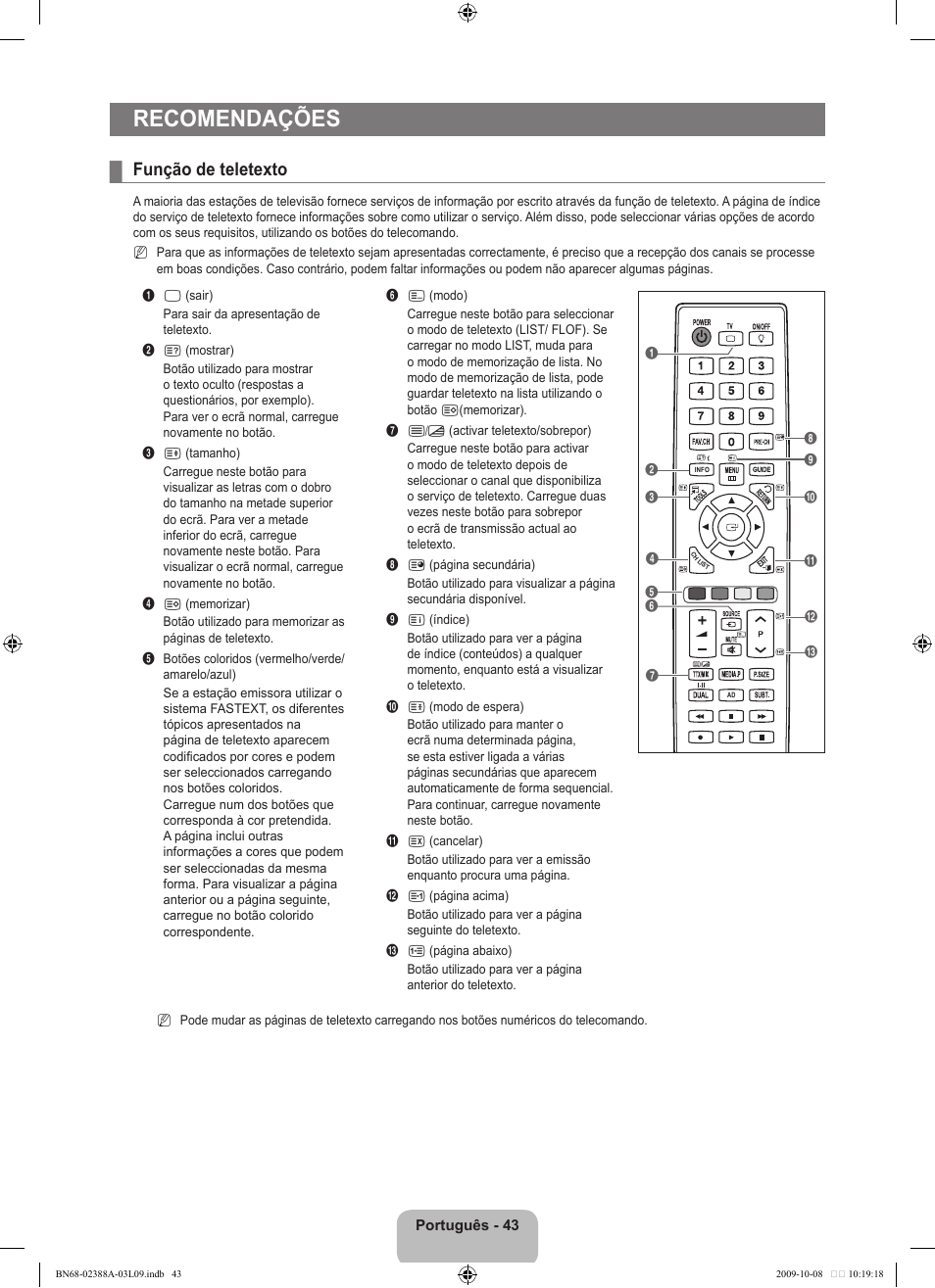 Recomendações, Função de teletexto | Samsung UE40B6000VP User Manual | Page 373 / 494