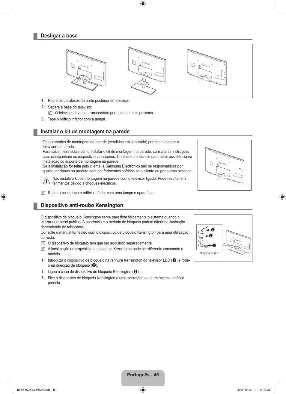 Desligar a base, Instalar o kit de montagem na parede, Dispositivo anti-roubo kensington | Samsung UE40B6000VP User Manual | Page 375 / 494