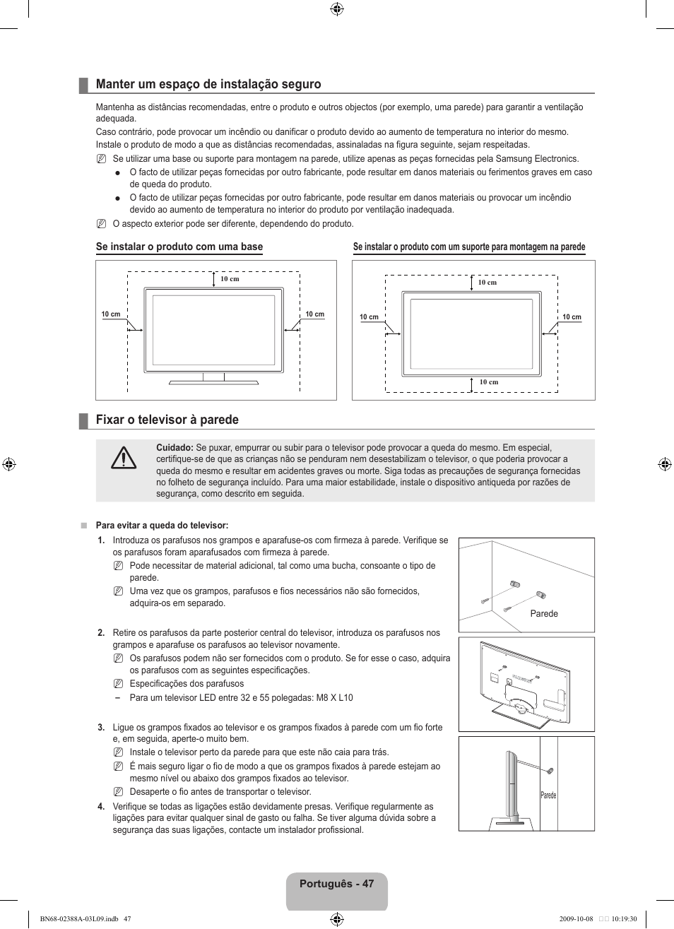 Manter um espaço de instalação seguro, Fixar o televisor à parede | Samsung UE40B6000VP User Manual | Page 377 / 494