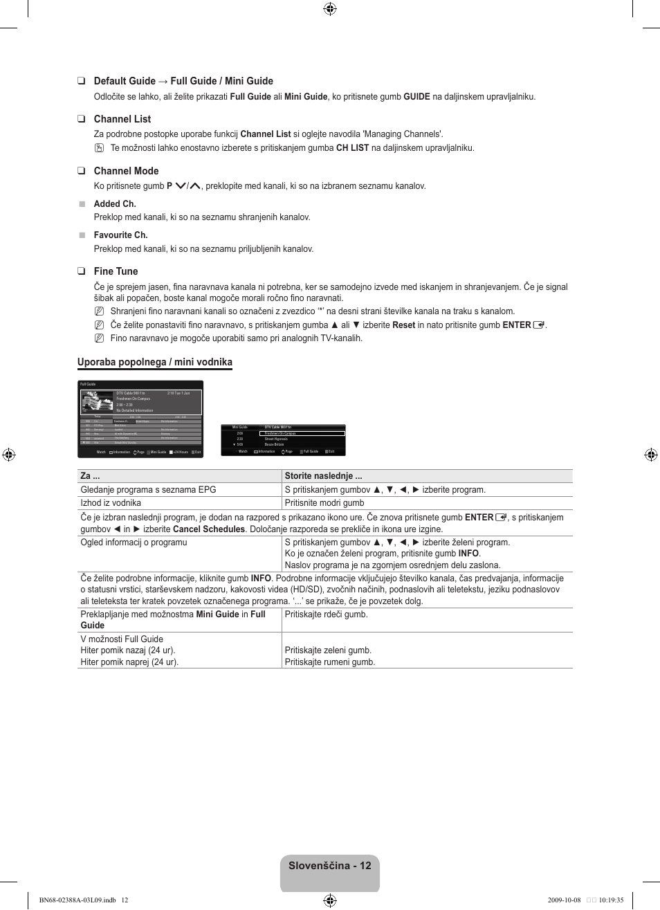 Channel list, Channel mode, Fine tune | Uporaba popolnega / mini vodnika | Samsung UE40B6000VP User Manual | Page 394 / 494