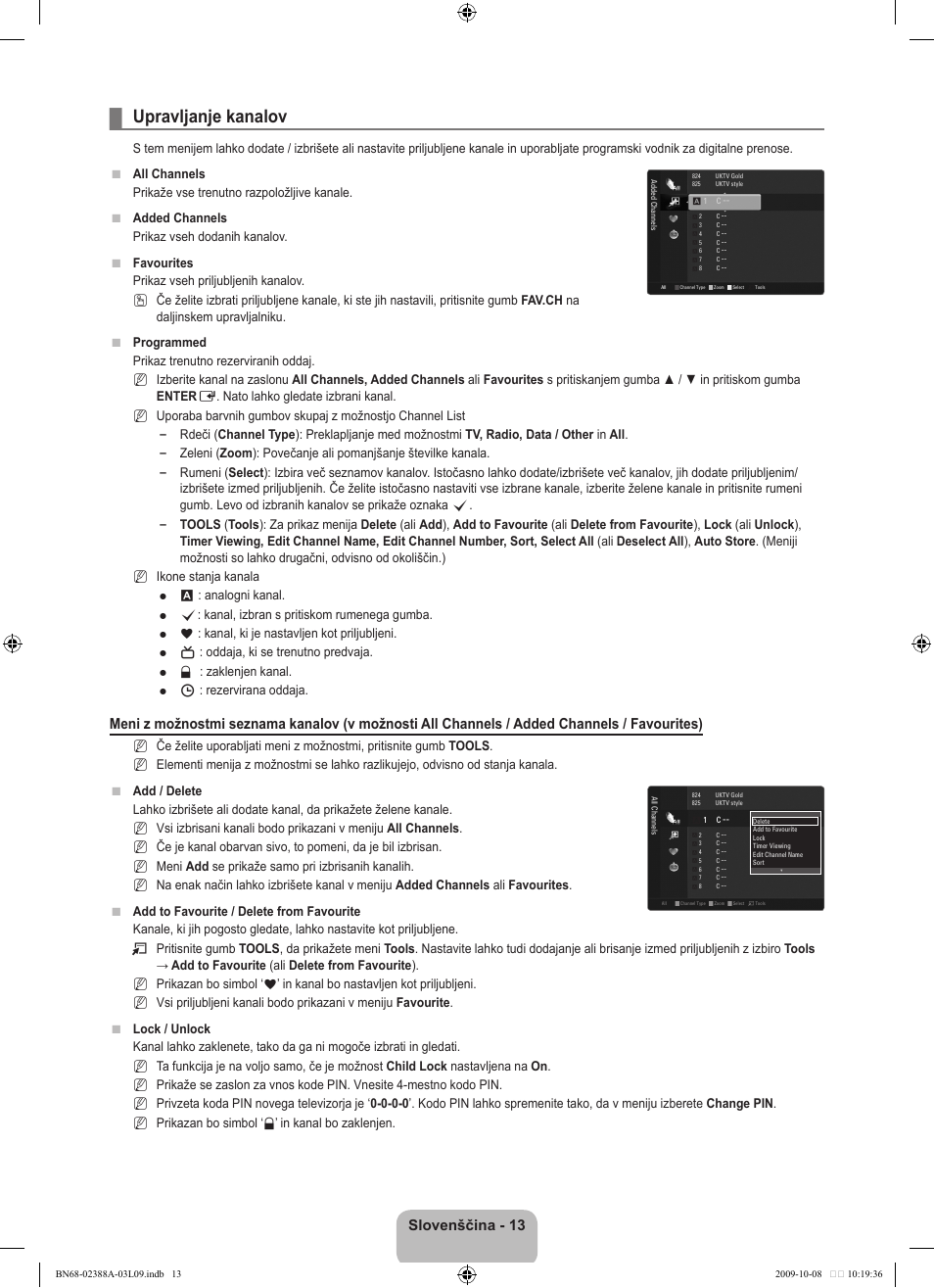 Upravljanje kanalov, Slovenščina - 13 | Samsung UE40B6000VP User Manual | Page 395 / 494