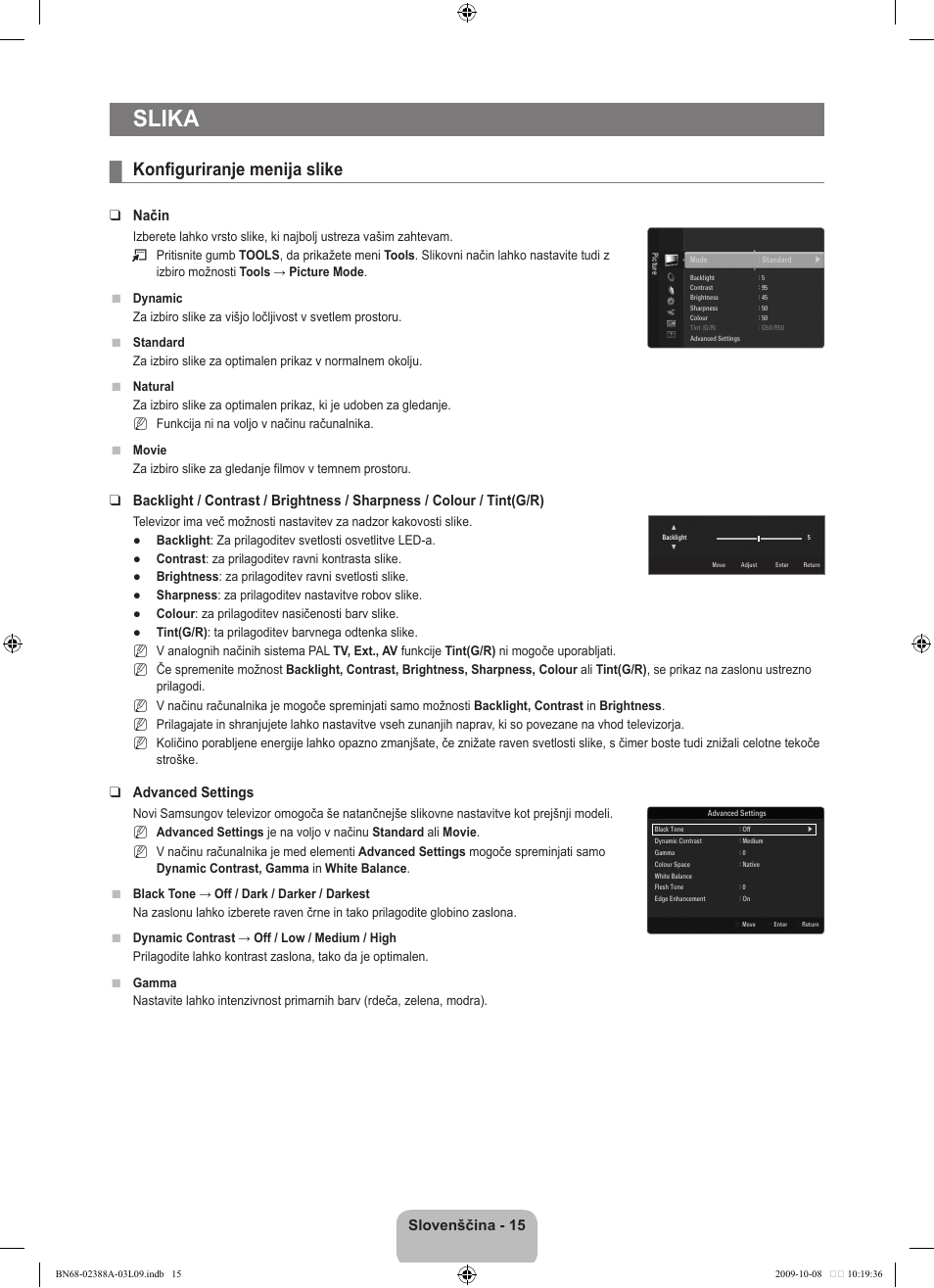 Slika, Konfiguriranje menija slike, Slovenščina - 1 | Način, Advanced settings | Samsung UE40B6000VP User Manual | Page 397 / 494