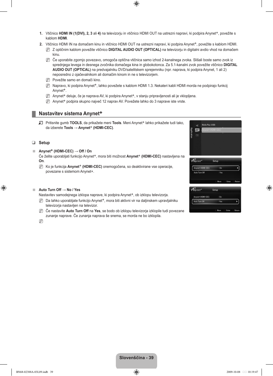 Nastavitev sistema anynet, Slovenščina - 39, Setup | Samsung UE40B6000VP User Manual | Page 421 / 494