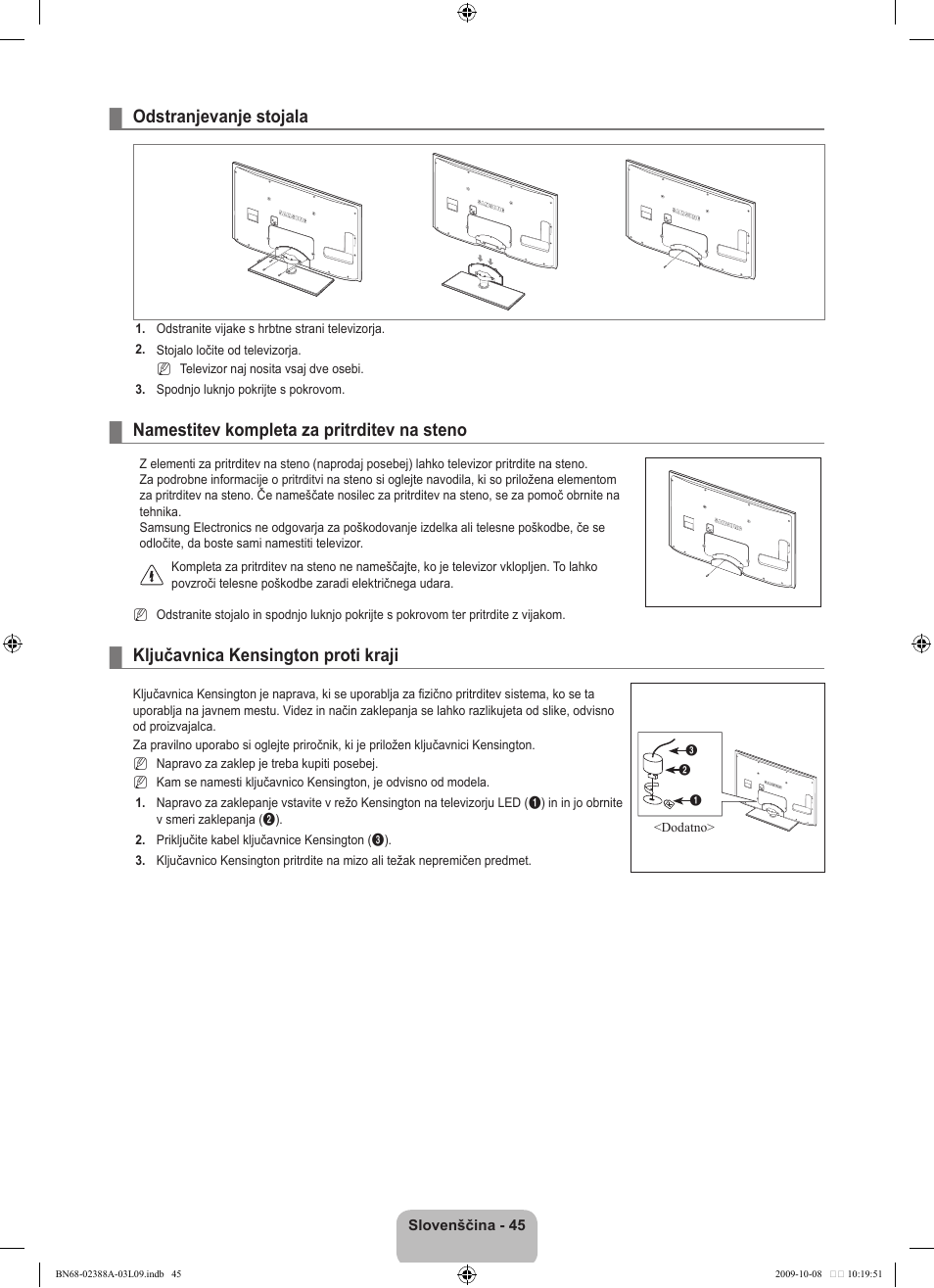 Odstranjevanje stojala, Namestitev kompleta za pritrditev na steno, Ključavnica kensington proti kraji | Samsung UE40B6000VP User Manual | Page 427 / 494