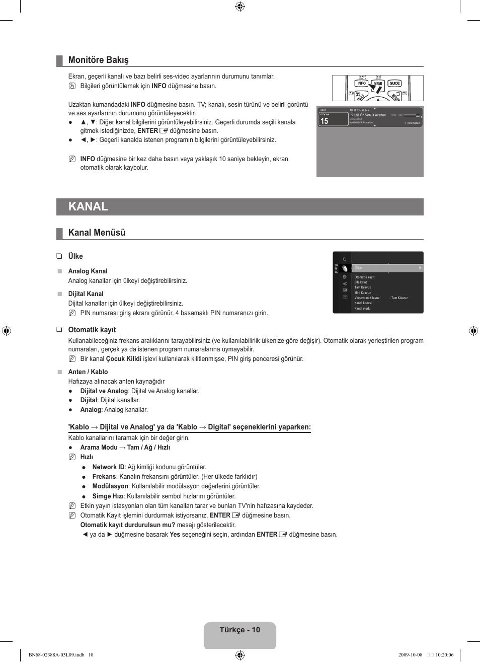 Kanal, Monitöre bakış, Kanal menüsü | Türkçe - 10, Ülke, Otomatik kayıt | Samsung UE40B6000VP User Manual | Page 444 / 494