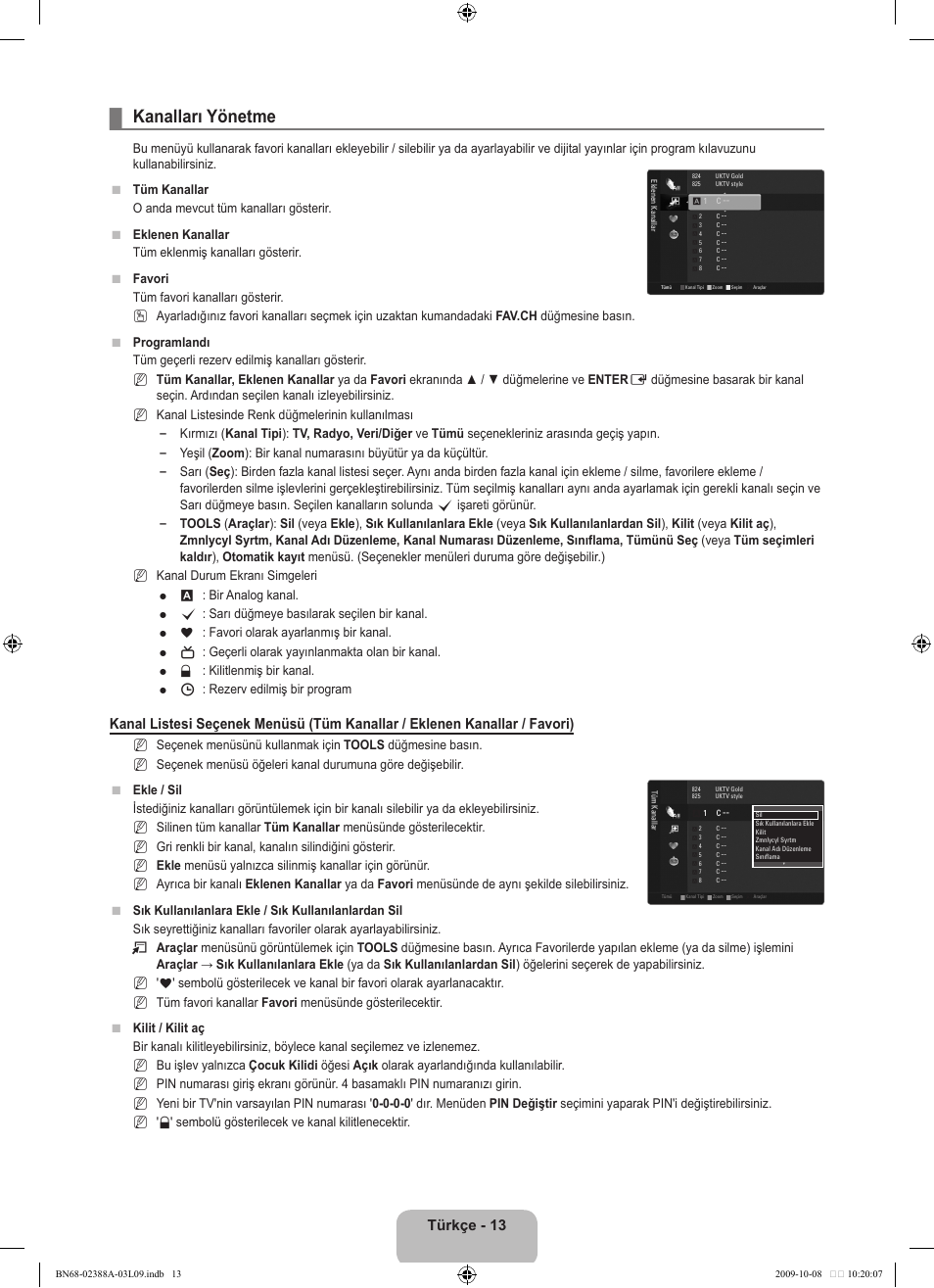 Kanalları yönetme, Türkçe - 13 | Samsung UE40B6000VP User Manual | Page 447 / 494