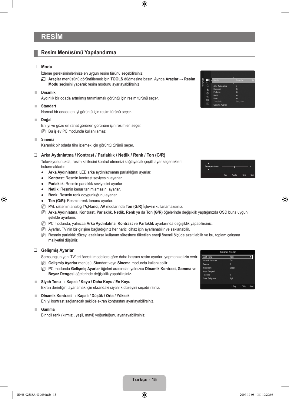 Resim, Resim menüsünü yapılandırma, Türkçe - 15 | Modu, Gelişmiş ayarlar | Samsung UE40B6000VP User Manual | Page 449 / 494