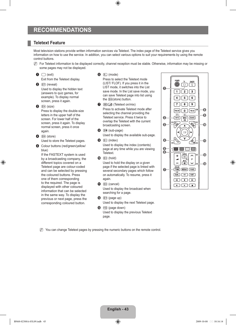 Recommendations, Teletext feature | Samsung UE40B6000VP User Manual | Page 45 / 494