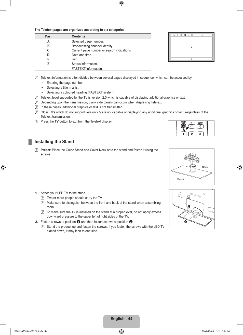 Installing the stand | Samsung UE40B6000VP User Manual | Page 46 / 494