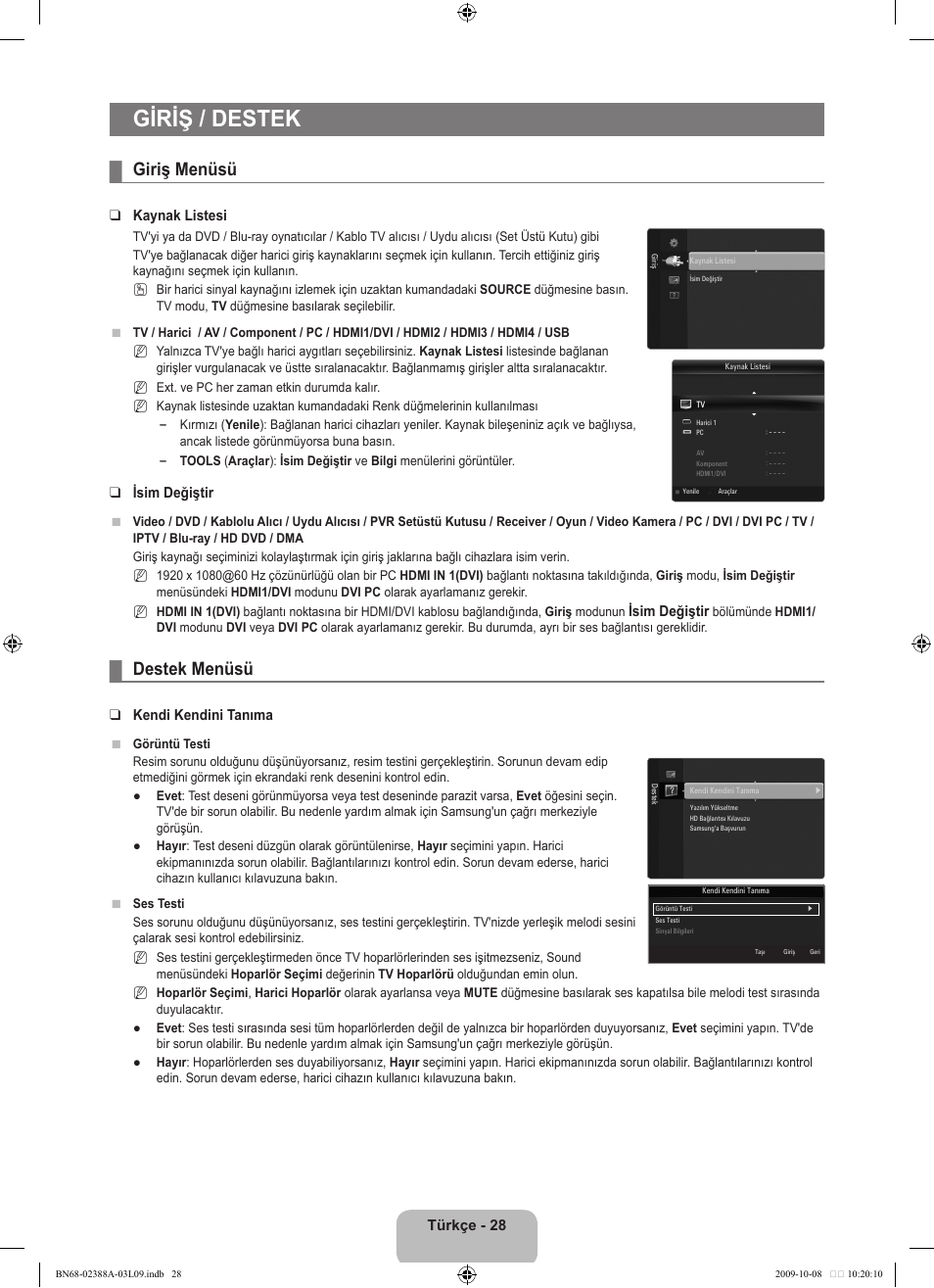 Giriş / destek, Giriş menüsü, Destek menüsü | Türkçe - 2, Kaynak listesi, Isim değiştir, Kendi kendini tanıma | Samsung UE40B6000VP User Manual | Page 462 / 494