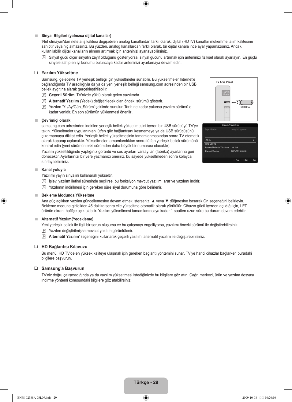 Türkçe - 2, Yazılım yükseltme, Hd bağlantısı kılavuzu | Samsung'a başvurun | Samsung UE40B6000VP User Manual | Page 463 / 494