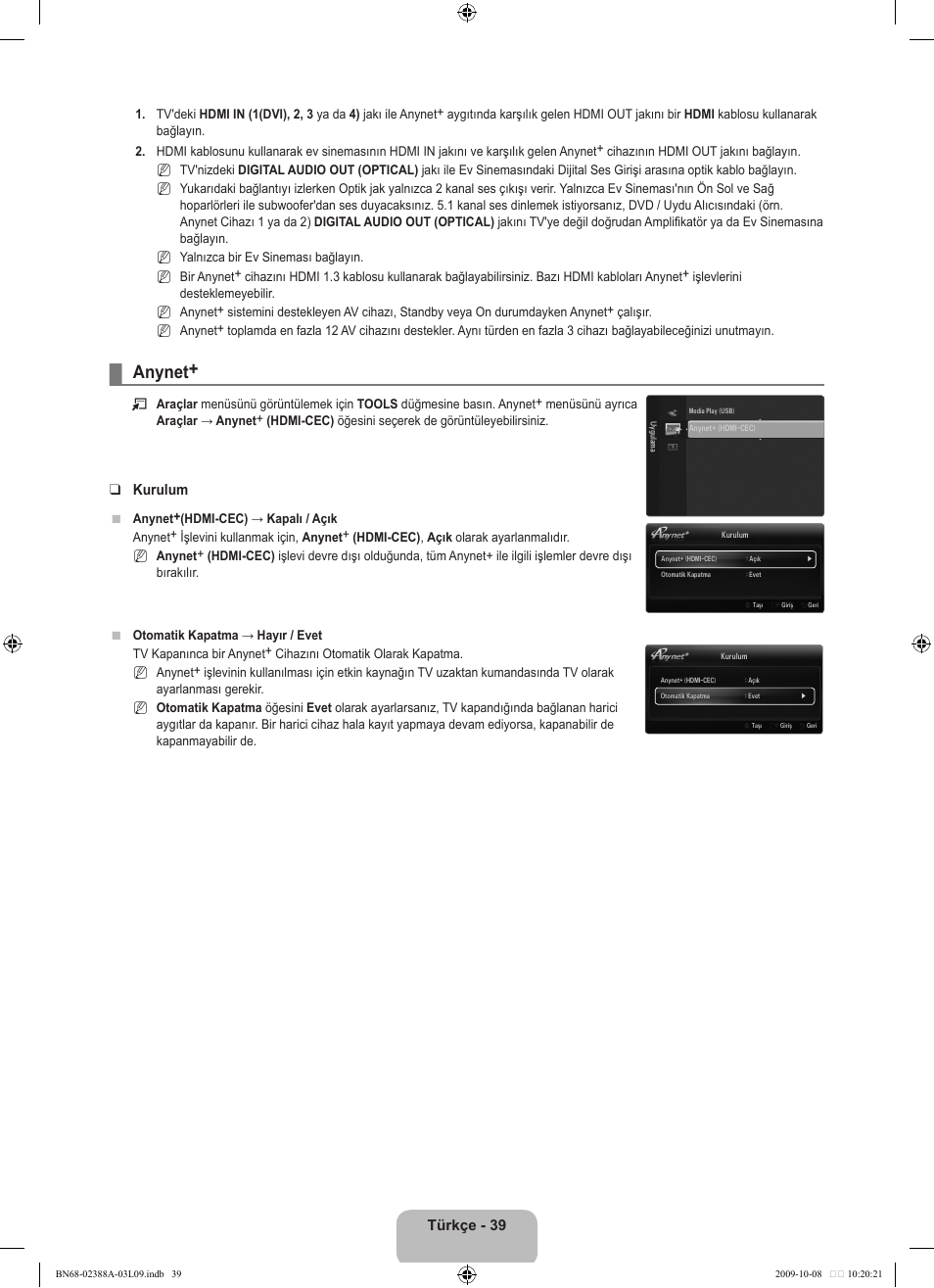 Anynet, Türkçe - 3, Kurulum | Samsung UE40B6000VP User Manual | Page 473 / 494