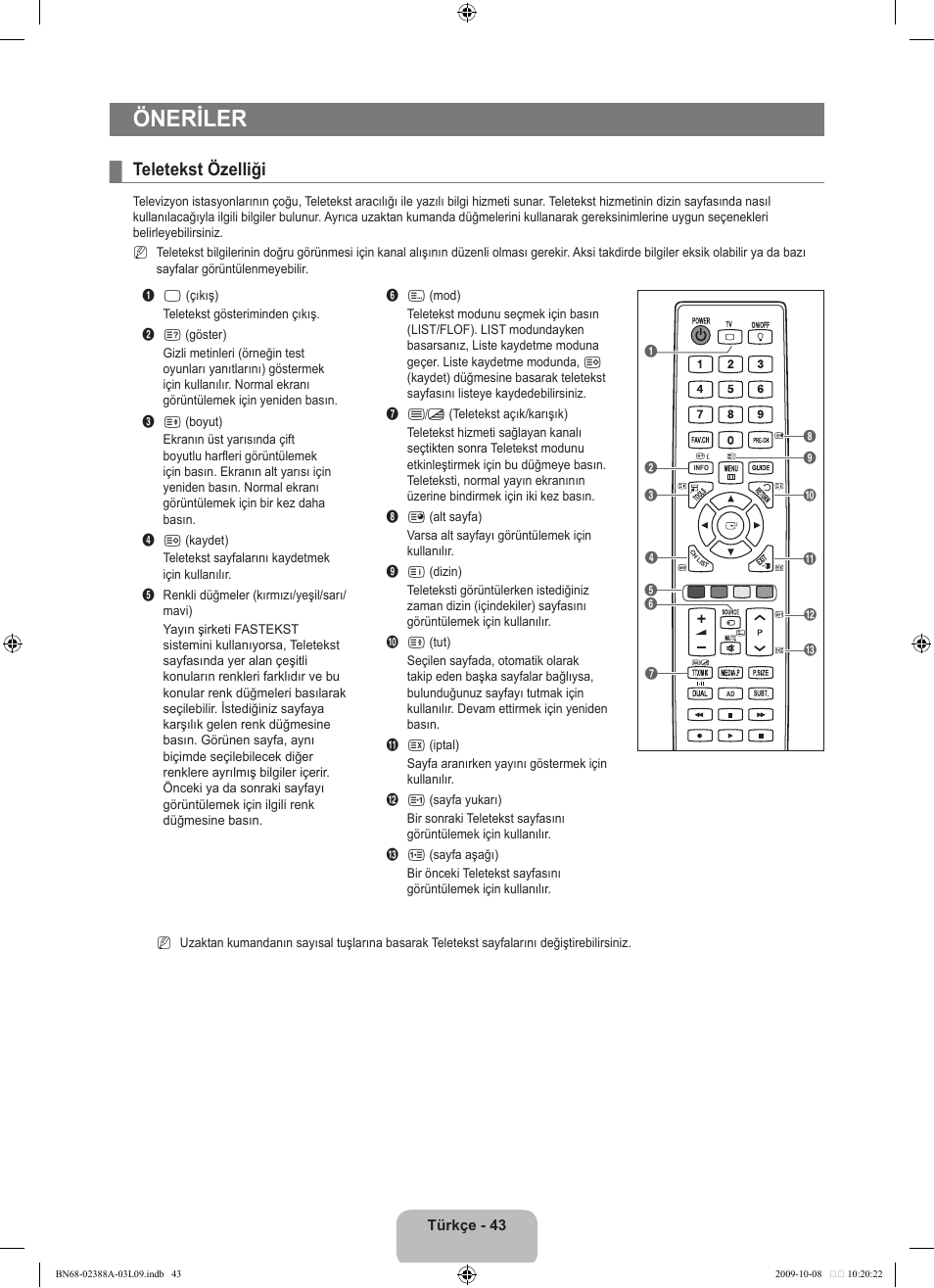 Öneriler, Teletekst özelliği | Samsung UE40B6000VP User Manual | Page 477 / 494