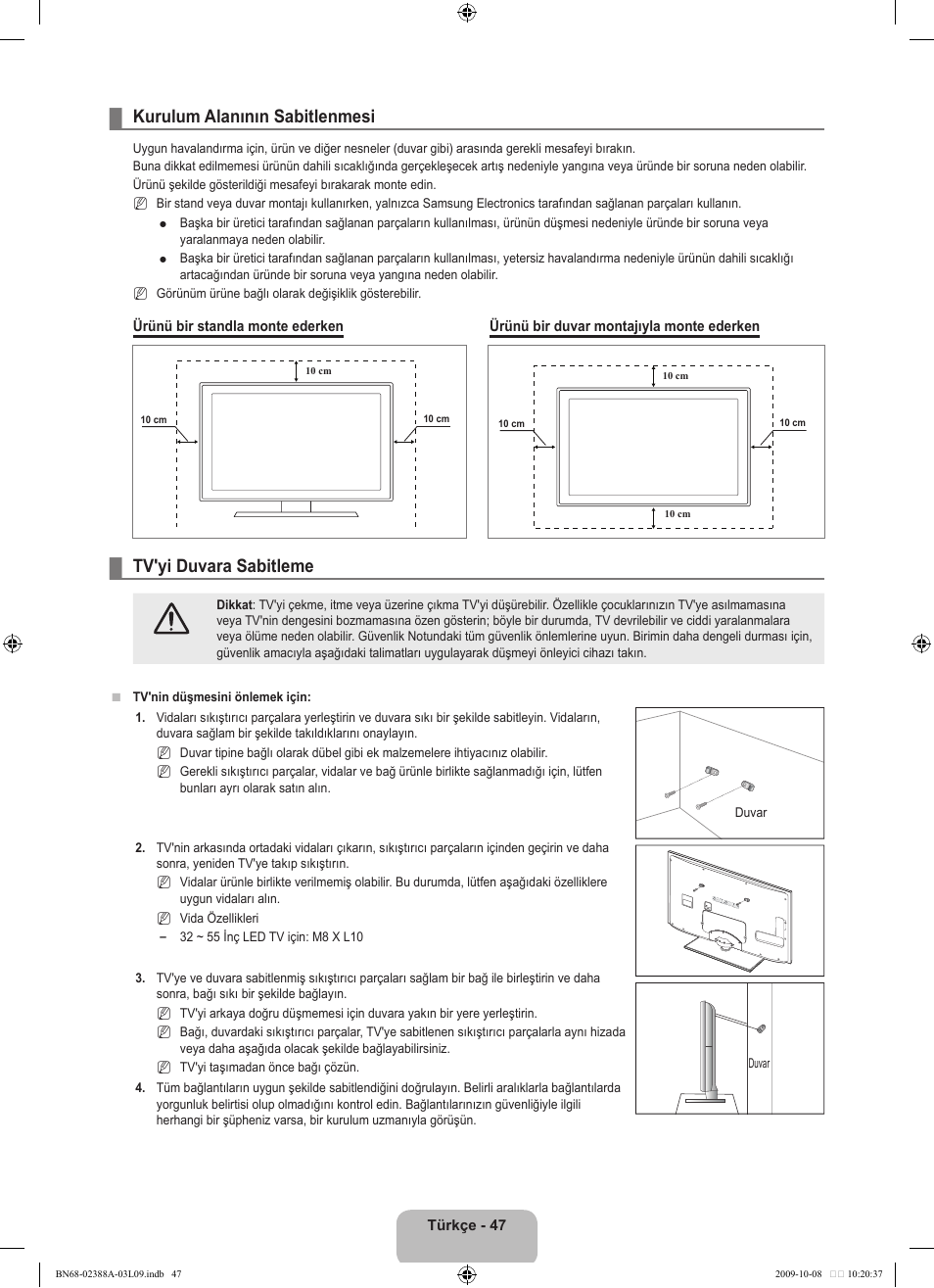 Kurulum alanının sabitlenmesi, Tv'yi duvara sabitleme | Samsung UE40B6000VP User Manual | Page 481 / 494