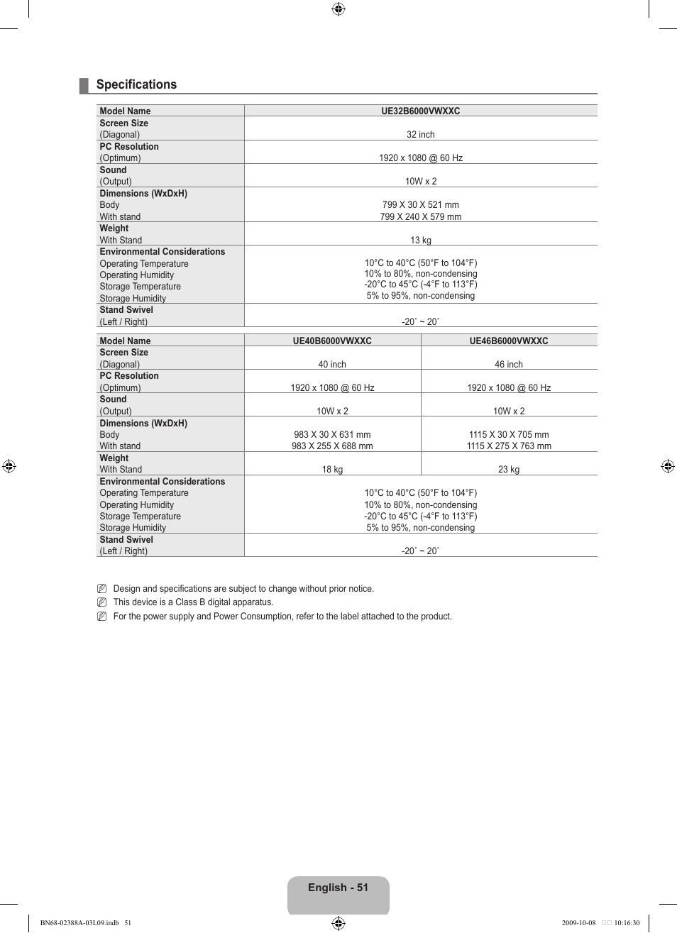 Specifications | Samsung UE40B6000VP User Manual | Page 53 / 494