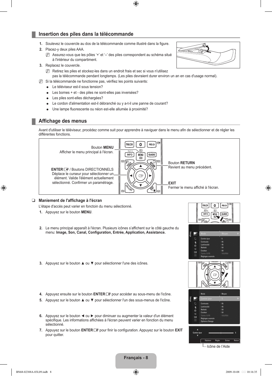 Insertion des piles dans la télécommande, Affichage des menus, Français | Maniement de l'affichage à l'écran | Samsung UE40B6000VP User Manual | Page 76 / 494