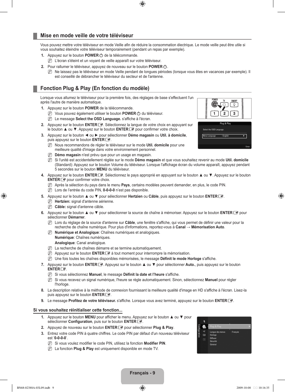 Mise en mode veille de votre téléviseur, Fonction plug & play (en fonction du modèle) | Samsung UE40B6000VP User Manual | Page 77 / 494