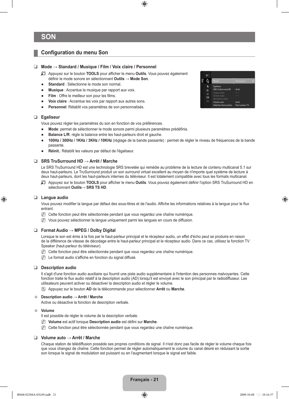 Configuration du menu son | Samsung UE40B6000VP User Manual | Page 89 / 494