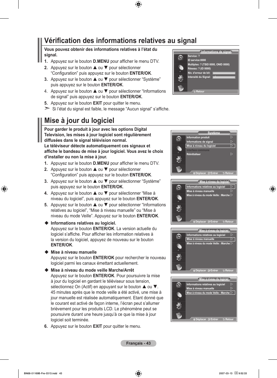 Vérification des informations relatives au signal, Mise à jour du logiciel | Samsung LE40R87BD User Manual | Page 107 / 498