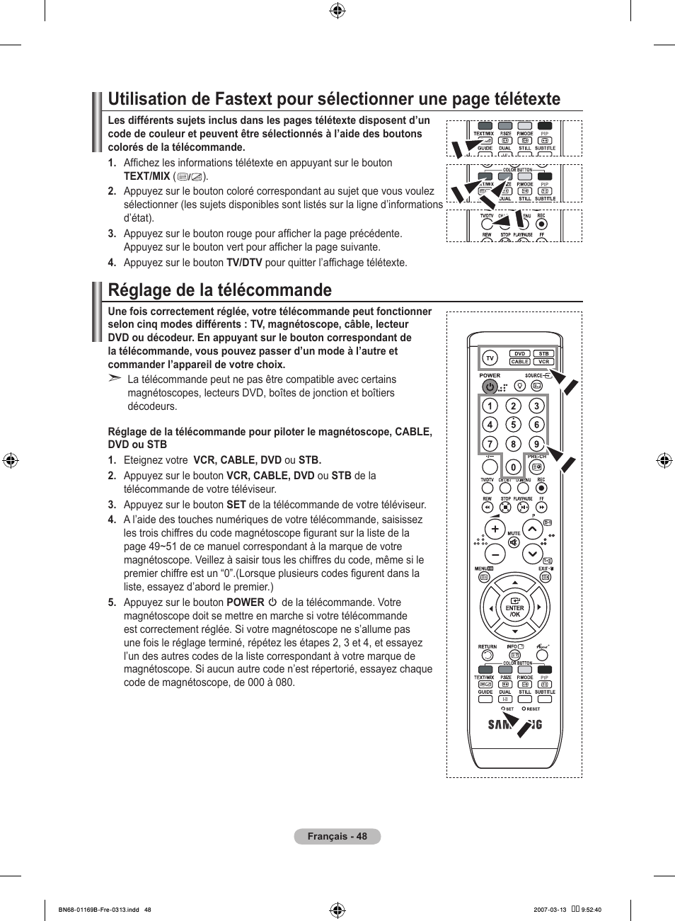 Réglage de la télécommande | Samsung LE40R87BD User Manual | Page 112 / 498