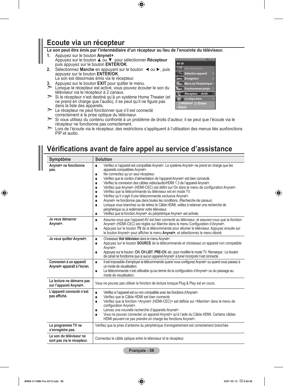 Ecoute via un récepteur | Samsung LE40R87BD User Manual | Page 122 / 498