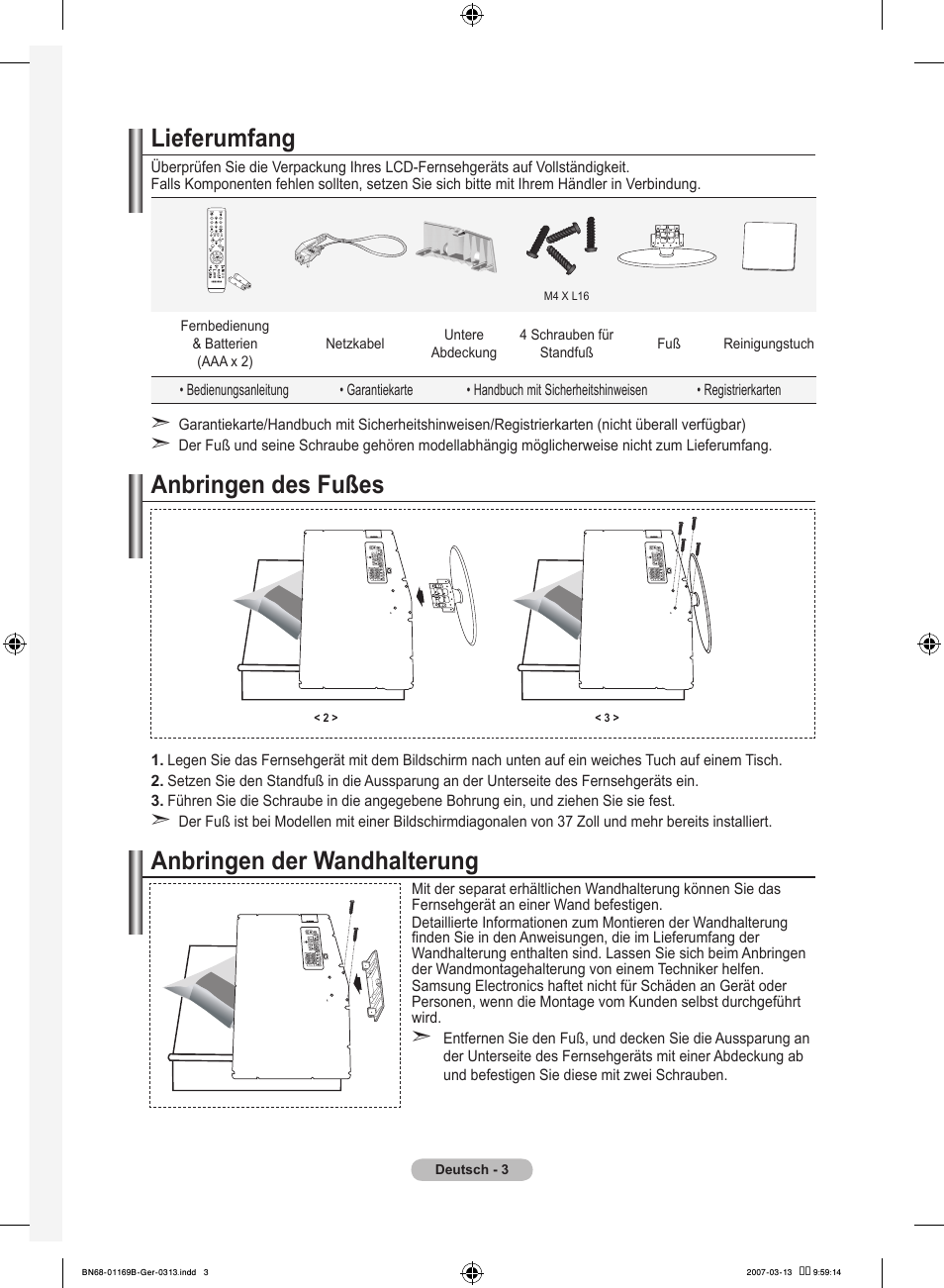 Lieferumfang, Anbringen des fußes, Anbringen der wandhalterung | Samsung LE40R87BD User Manual | Page 129 / 498