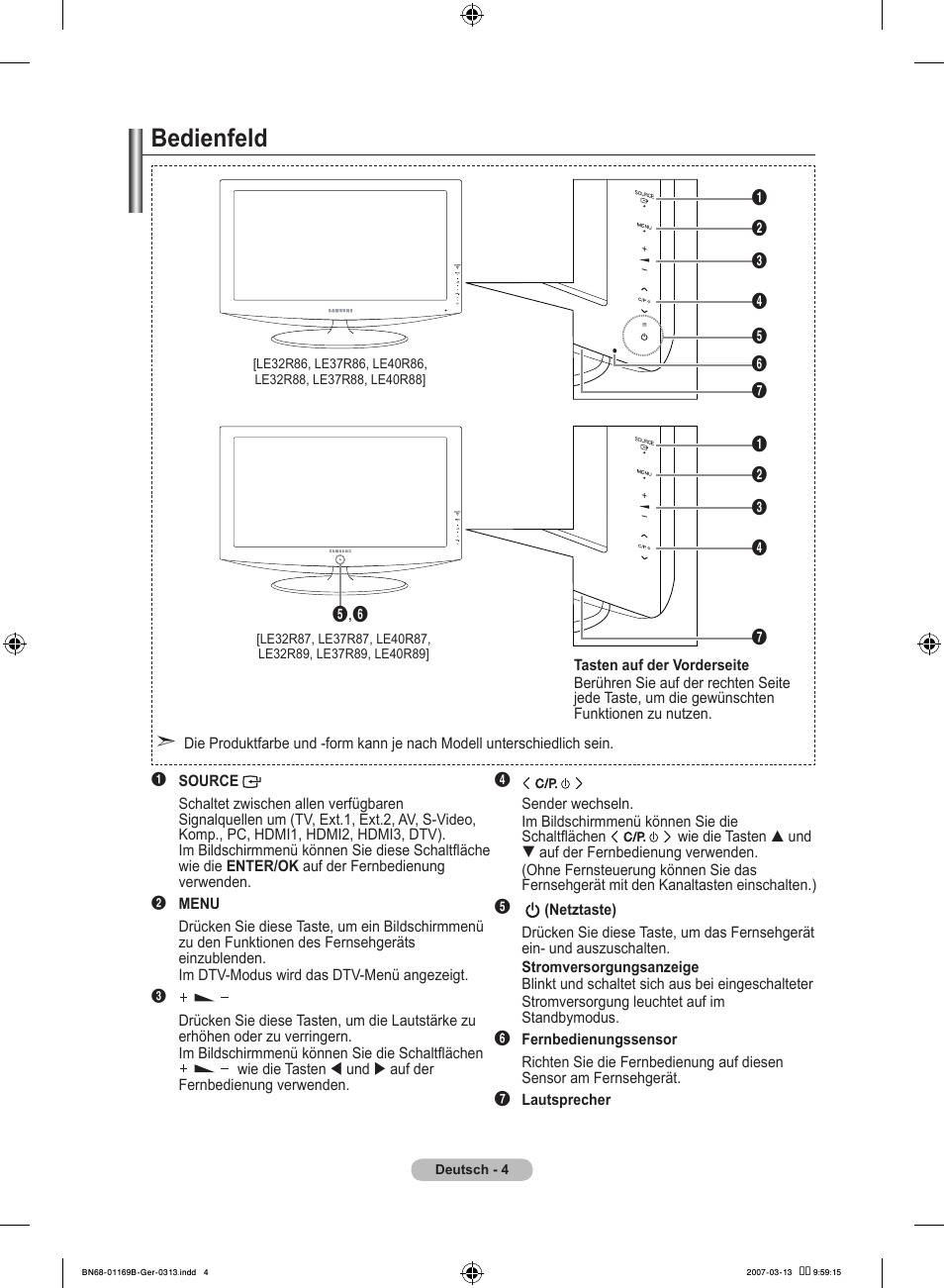 Bedienfeld | Samsung LE40R87BD User Manual | Page 130 / 498