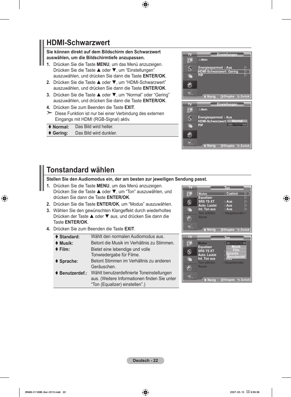 Hdmi-schwarzwert, Tonstandard wählen | Samsung LE40R87BD User Manual | Page 148 / 498