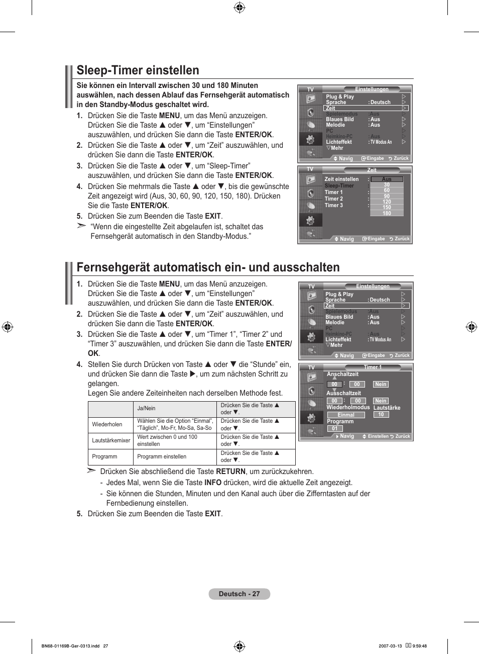 Sleep-timer einstellen, Fernsehgerät automatisch ein- und ausschalten | Samsung LE40R87BD User Manual | Page 153 / 498