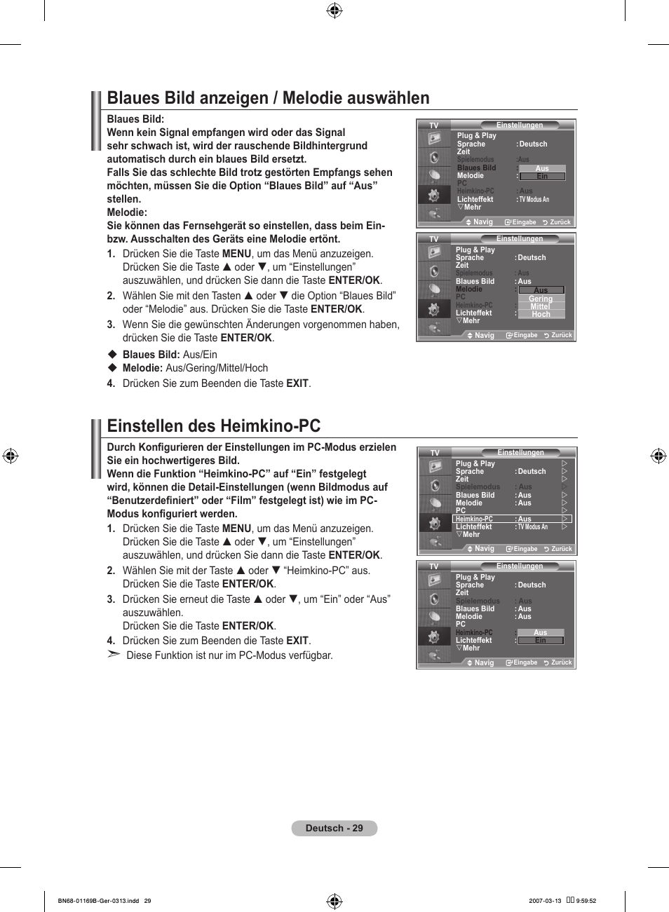 Blaues bild anzeigen / melodie auswählen, Einstellen des heimkino-pc | Samsung LE40R87BD User Manual | Page 155 / 498