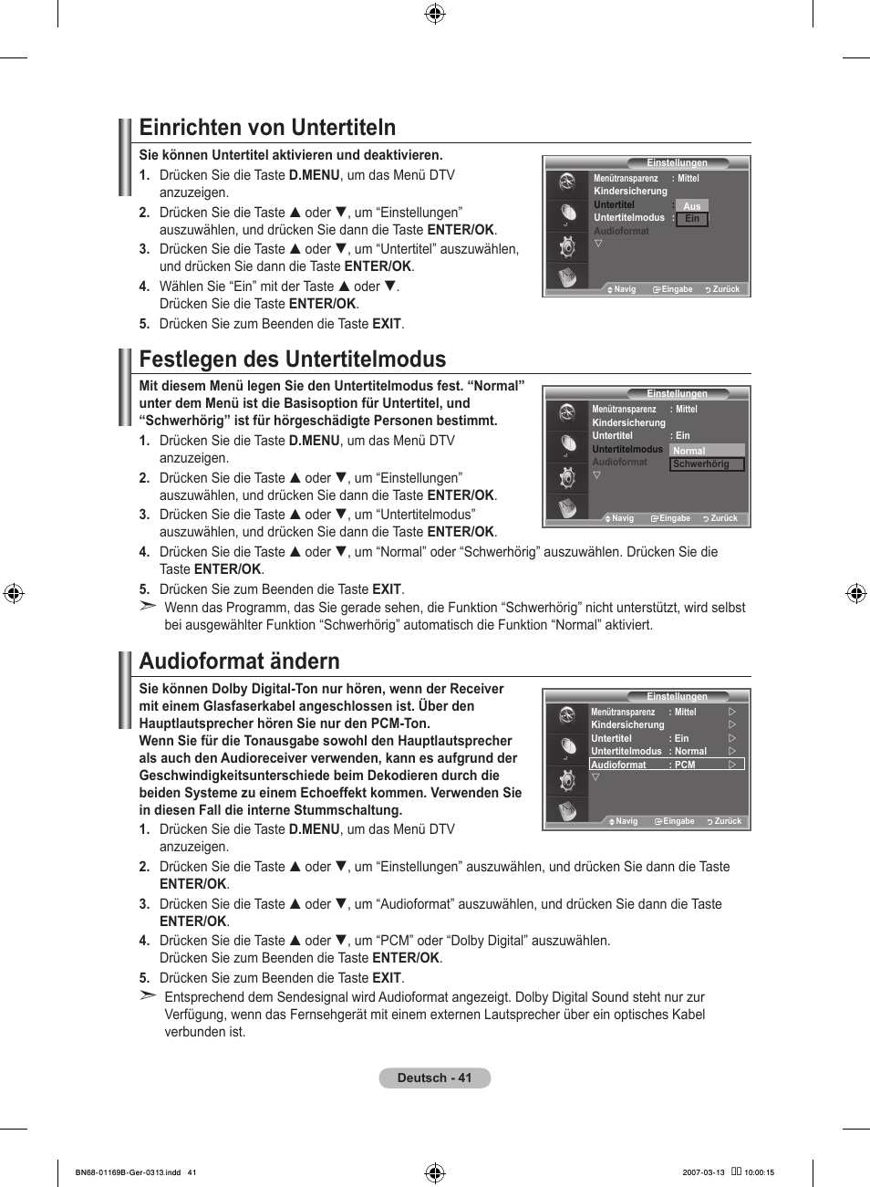 Einrichten von untertiteln, Festlegen des untertitelmodus, Audioformat ändern | Samsung LE40R87BD User Manual | Page 167 / 498