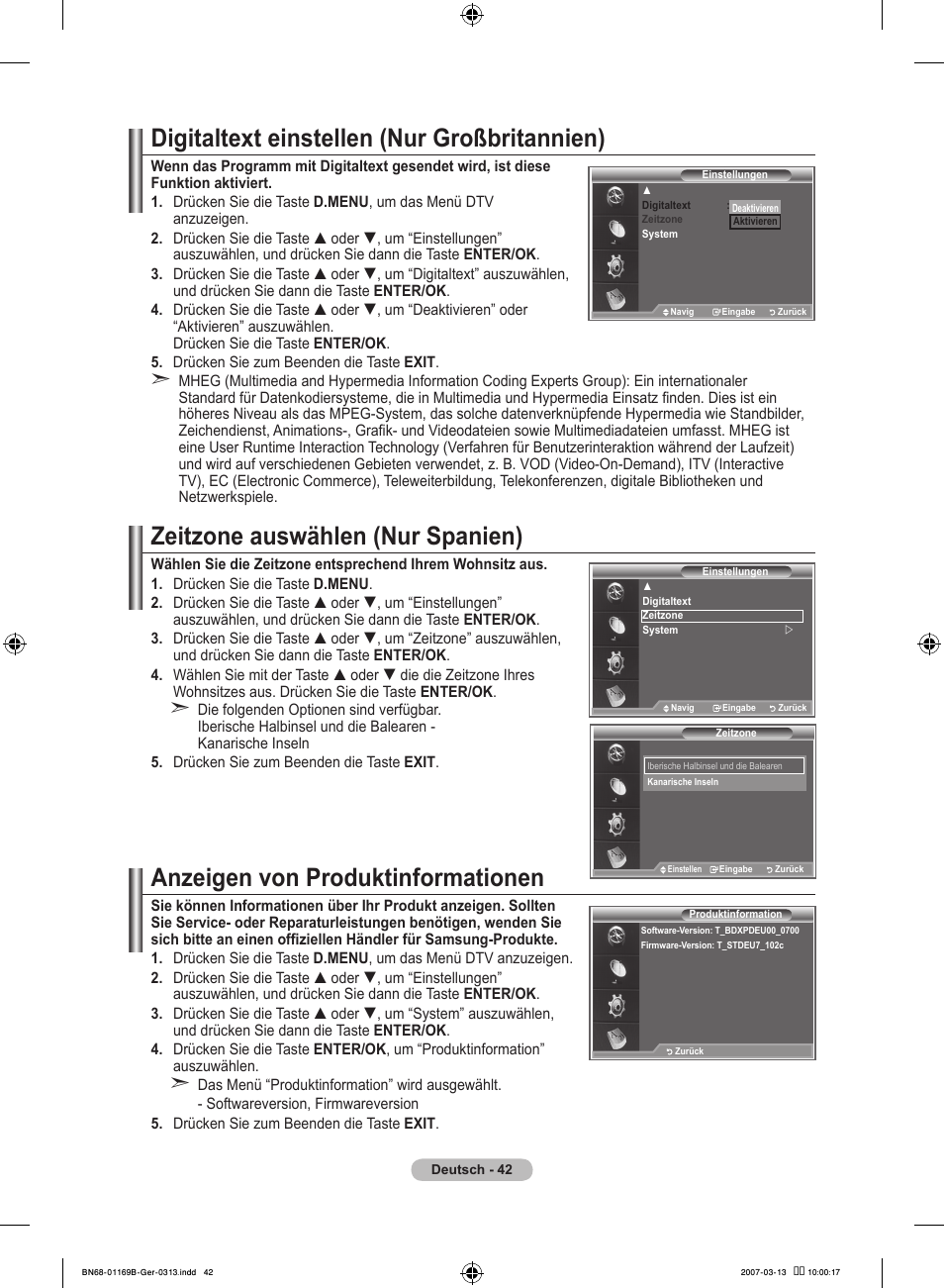 Digitaltext einstellen (nur großbritannien), Zeitzone auswählen (nur spanien), Anzeigen von produktinformationen | Samsung LE40R87BD User Manual | Page 168 / 498