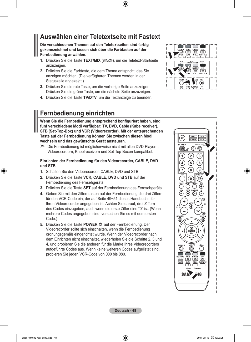 Auswählen einer teletextseite mit fastext, Fernbedienung einrichten | Samsung LE40R87BD User Manual | Page 174 / 498