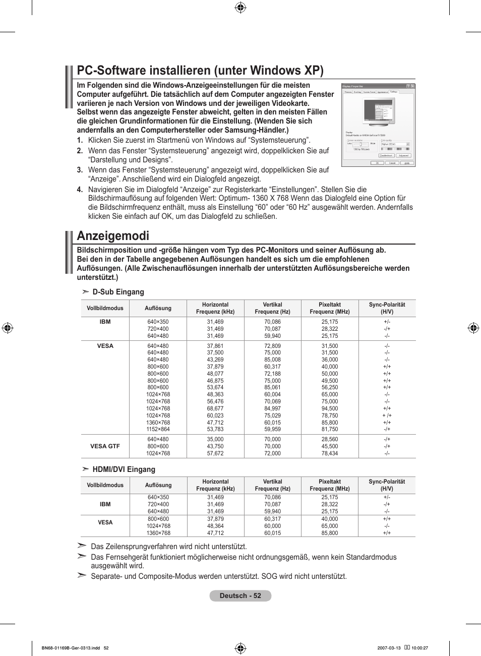 Pc-software installieren (unter windows xp), Anzeigemodi | Samsung LE40R87BD User Manual | Page 178 / 498