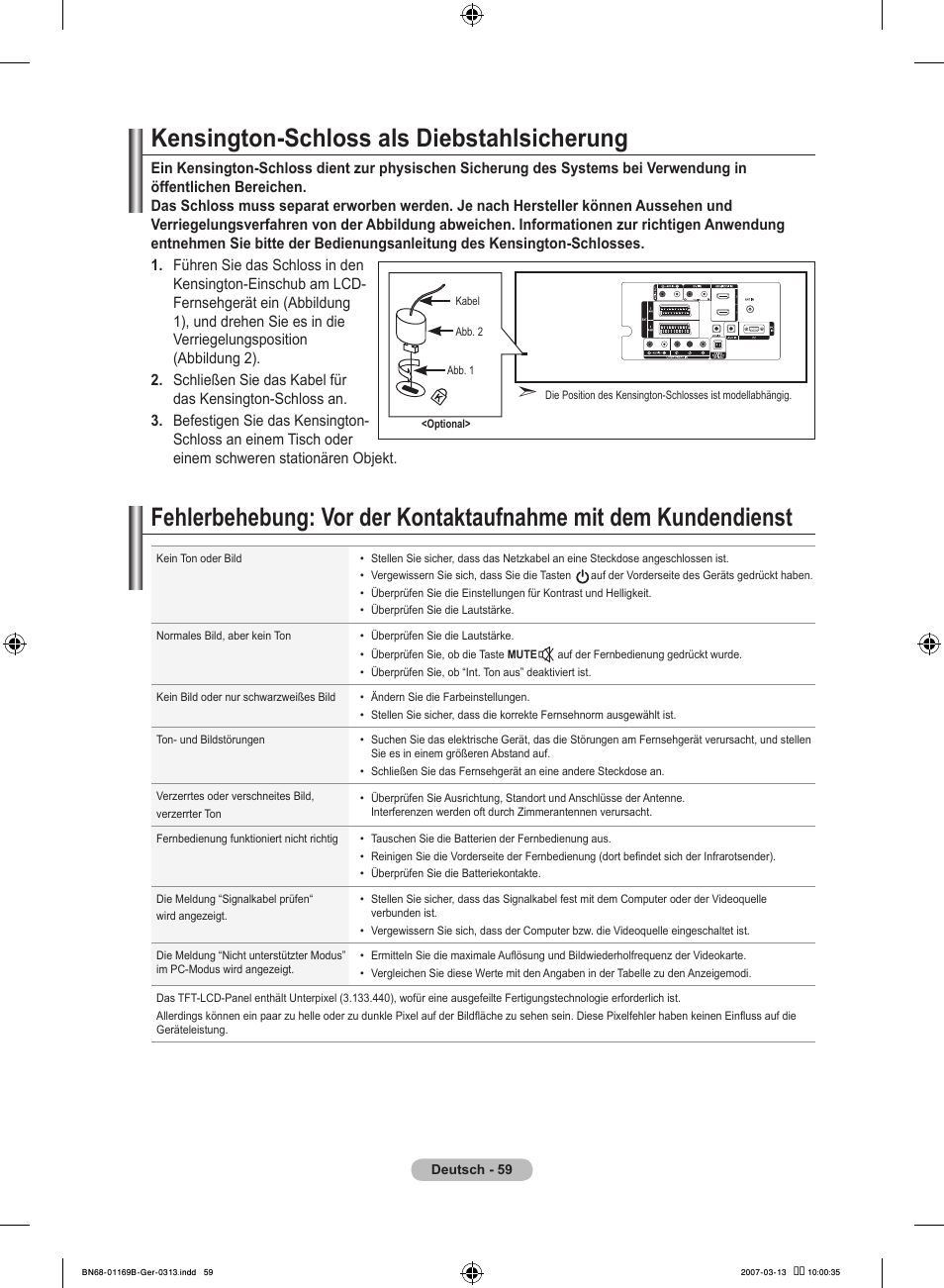 Kensington-schloss als diebstahlsicherung | Samsung LE40R87BD User Manual | Page 185 / 498