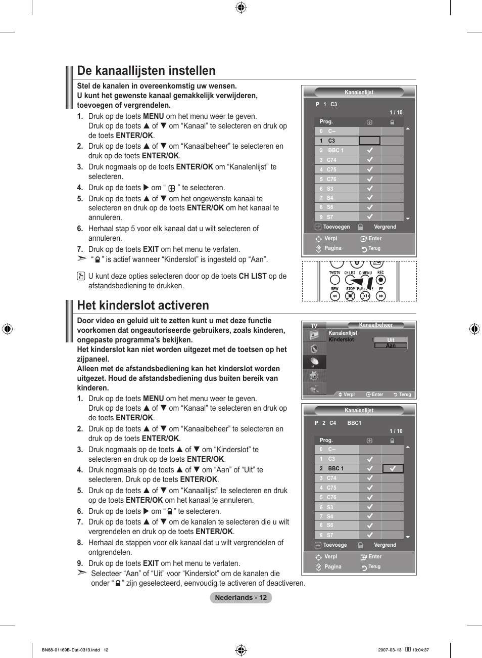 De kanaallijsten instellen, Het kinderslot activeren | Samsung LE40R87BD User Manual | Page 200 / 498