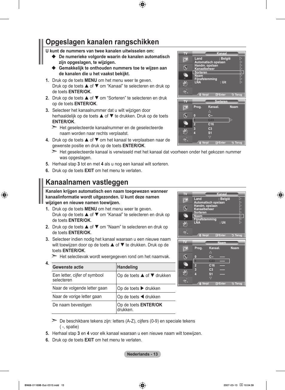 Opgeslagen kanalen rangschikken, Kanaalnamen vastleggen | Samsung LE40R87BD User Manual | Page 201 / 498