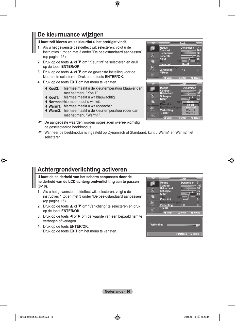 De kleurnuance wijzigen, Achtergrondverlichting activeren | Samsung LE40R87BD User Manual | Page 204 / 498