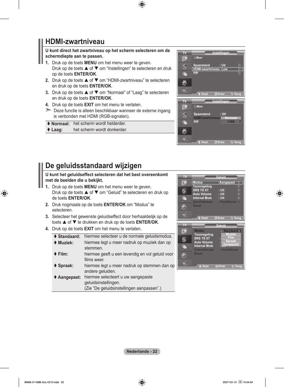 Hdmi-zwartniveau, De geluidsstandaard wijzigen | Samsung LE40R87BD User Manual | Page 210 / 498