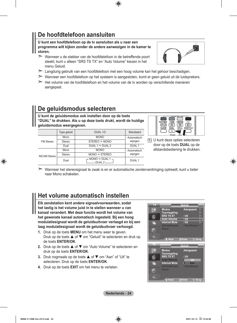 De hoofdtelefoon aansluiten, De geluidsmodus selecteren, Het volume automatisch instellen | Samsung LE40R87BD User Manual | Page 212 / 498