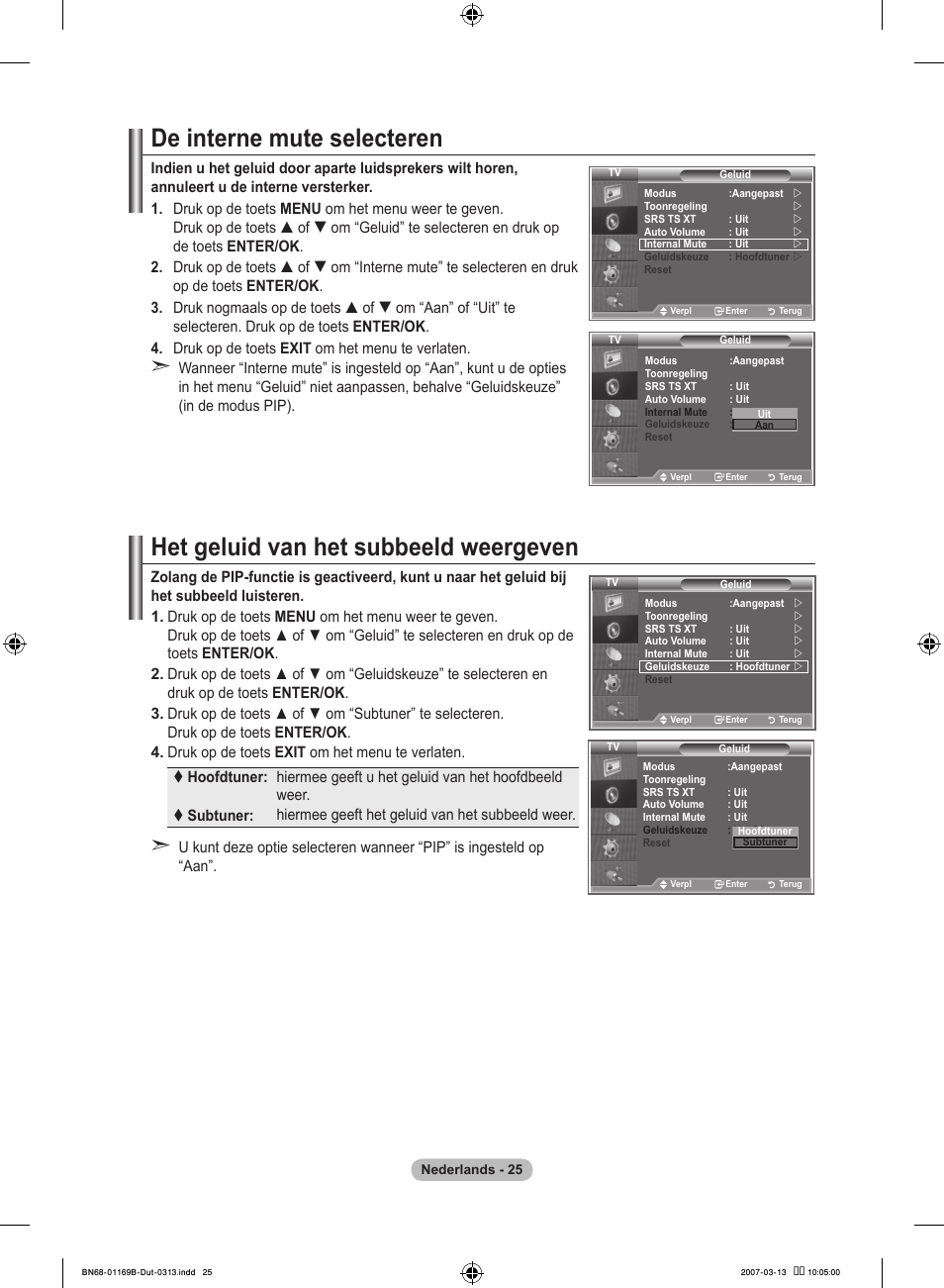 De interne mute selecteren, Het geluid van het subbeeld weergeven | Samsung LE40R87BD User Manual | Page 213 / 498