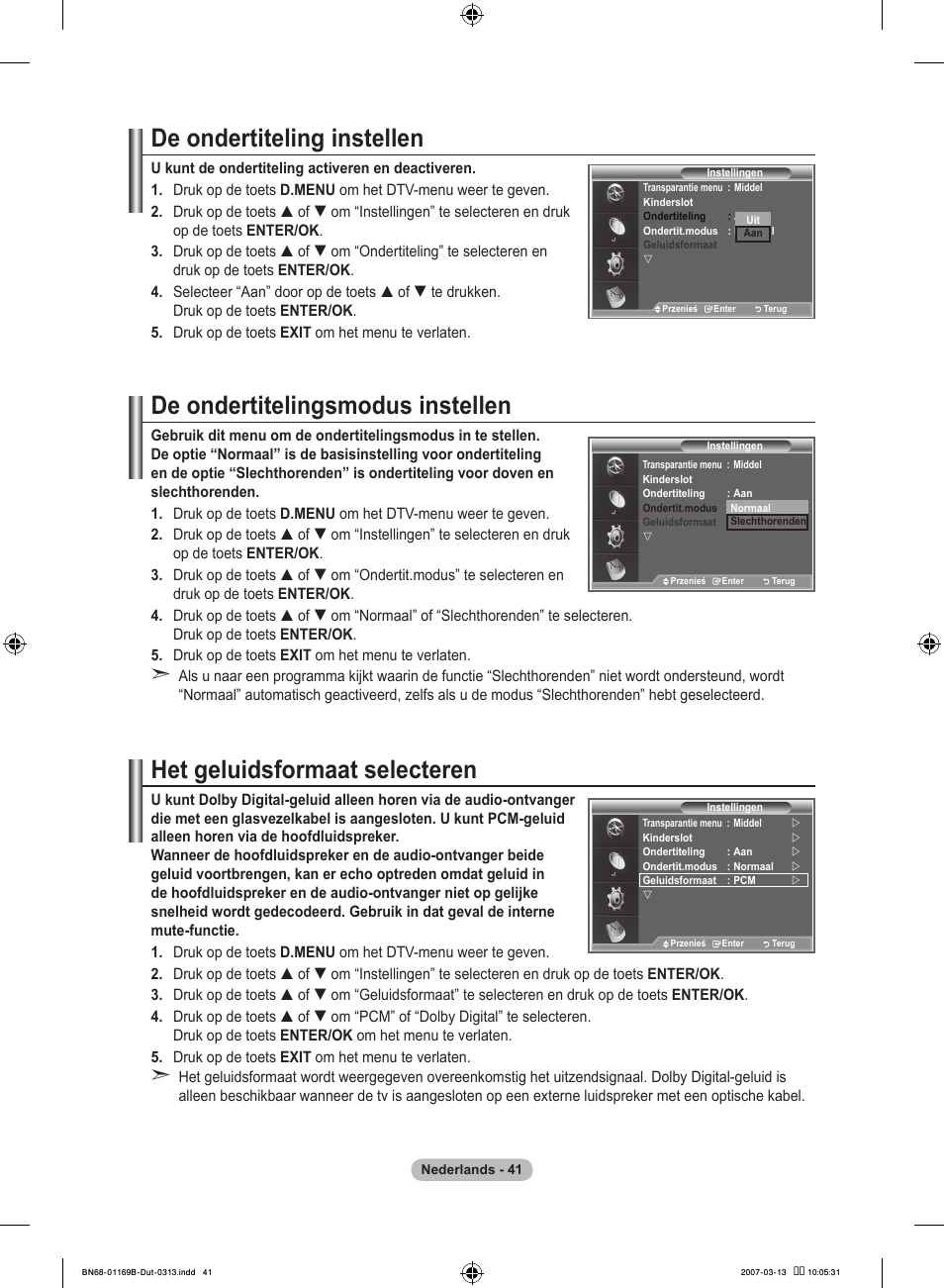 De ondertiteling instellen, De ondertitelingsmodus instellen, Het geluidsformaat selecteren | Samsung LE40R87BD User Manual | Page 229 / 498