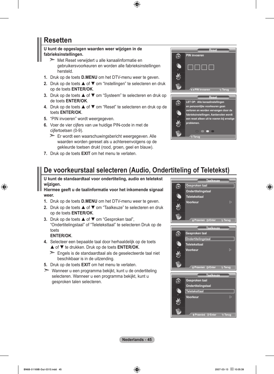 Resetten | Samsung LE40R87BD User Manual | Page 233 / 498