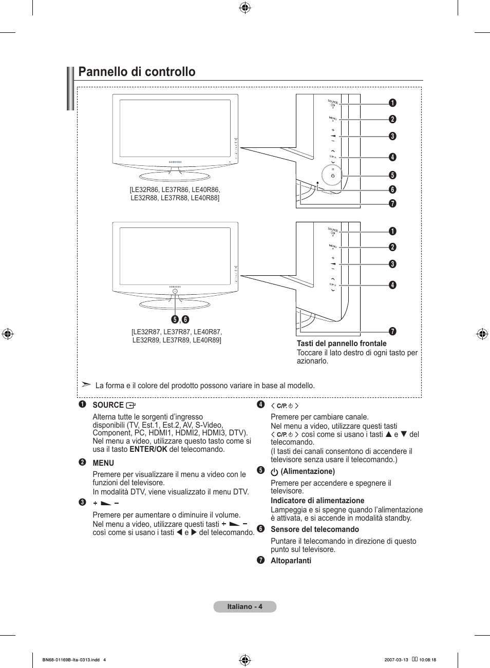 Pannello di controllo | Samsung LE40R87BD User Manual | Page 254 / 498