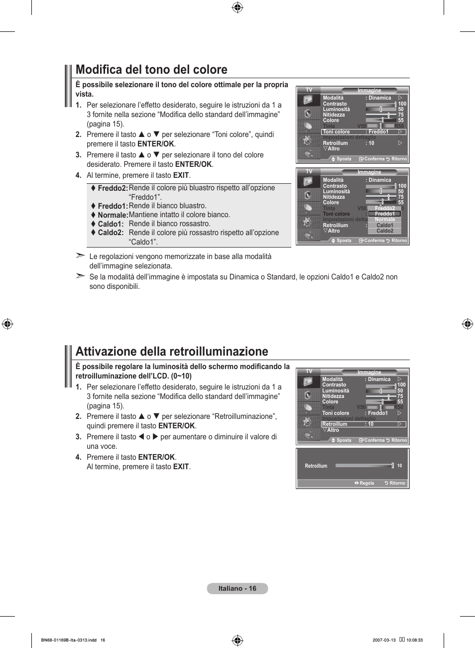 Modifica del tono del colore, Attivazione della retroilluminazione | Samsung LE40R87BD User Manual | Page 266 / 498