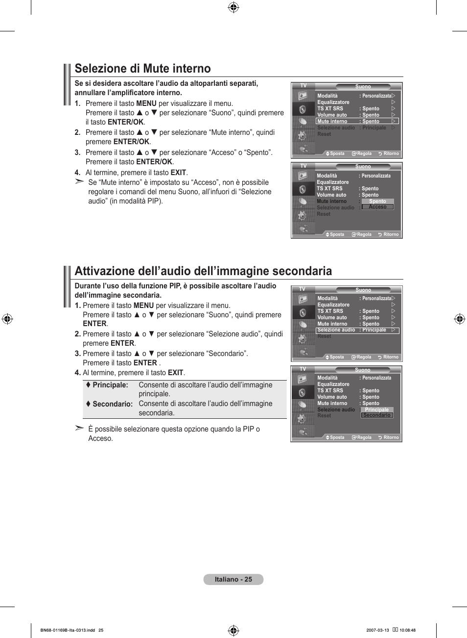 Selezione di mute interno, Attivazione dell’audio dell’immagine secondaria | Samsung LE40R87BD User Manual | Page 275 / 498