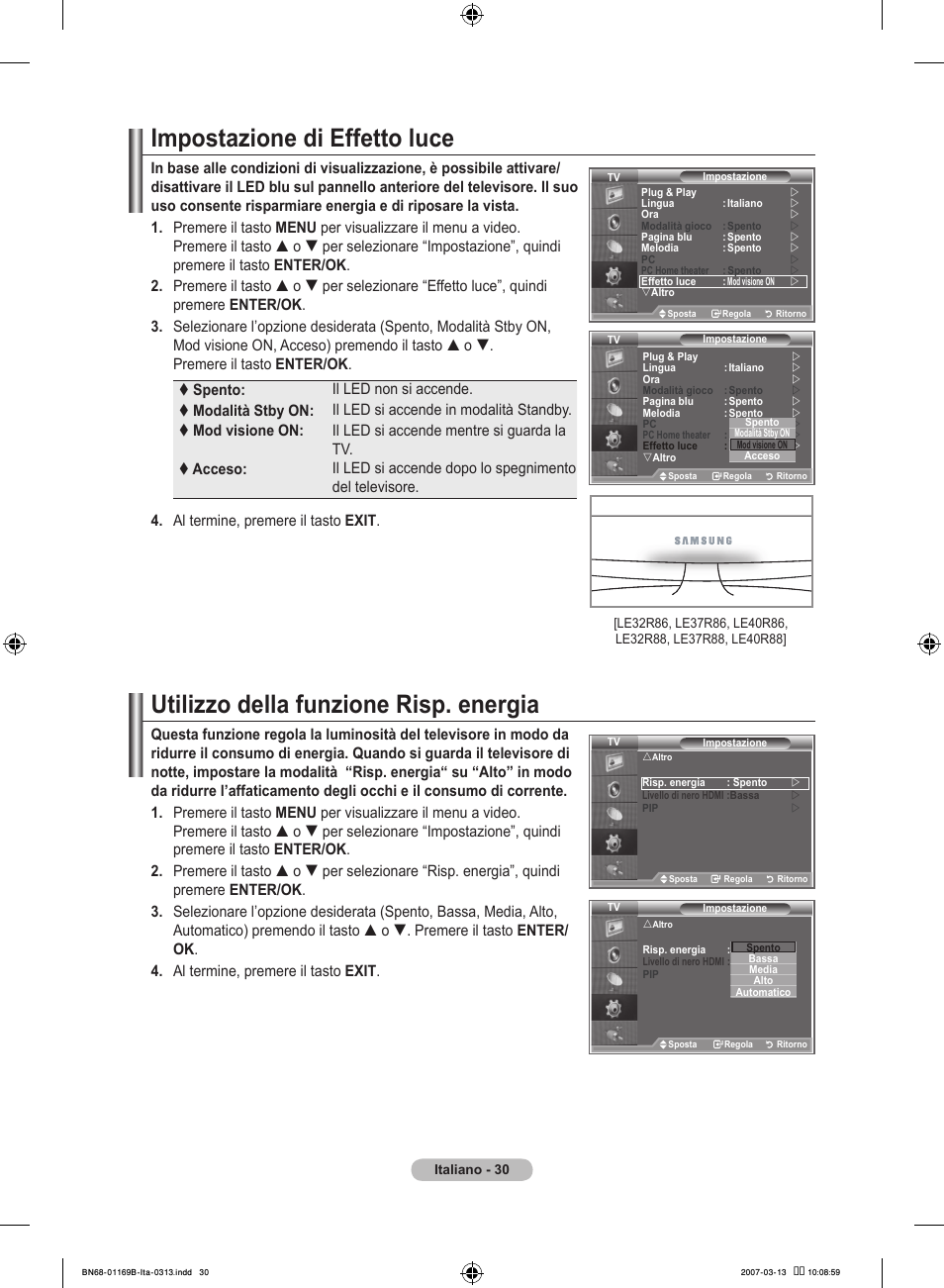 Impostazione di effetto luce, Utilizzo della funzione risp. energia | Samsung LE40R87BD User Manual | Page 280 / 498